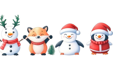 Cute snowman, fox, and penguins in Santa hats for Christmas. isolated on transparent background.