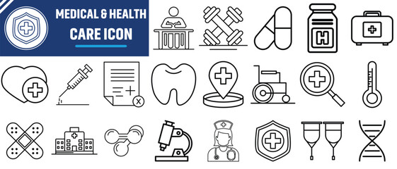 Healthcare and medical line icons set vector illustration. Hospital and medical health care icons set isolated on white background.