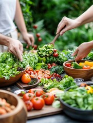 Fresh Vegetable Preparation in a Bright Garden Setting
