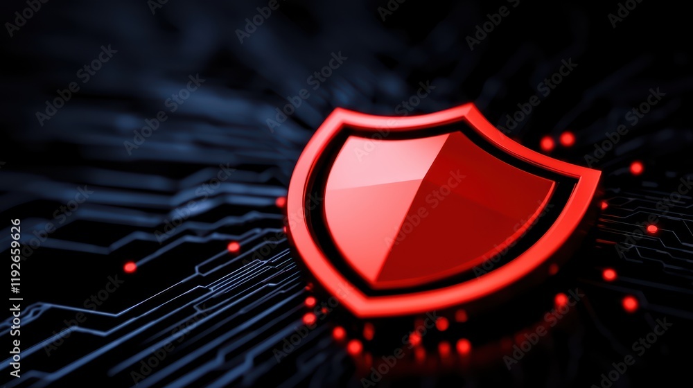 Poster red shield icon on digital circuit background representing security