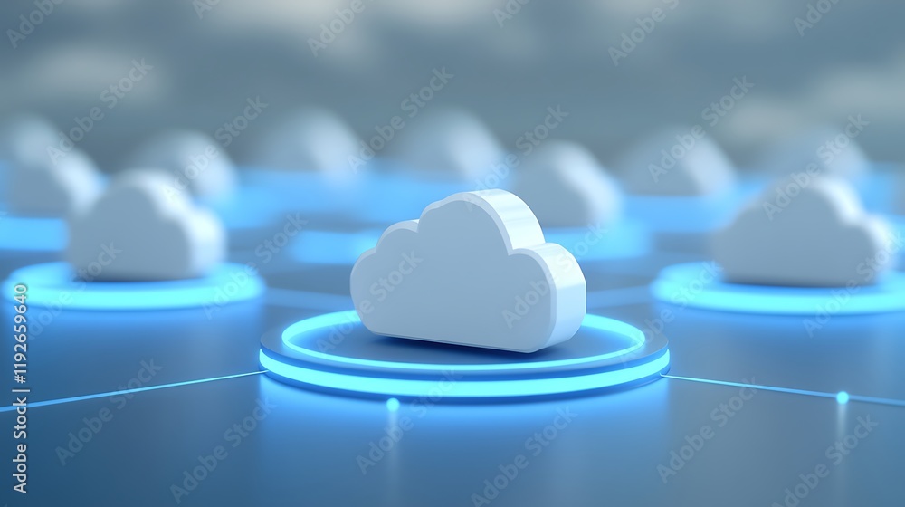 Poster modern cloud computing concept with abstract digital circles and white clouds on futuristic backgrou