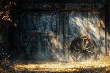Obraz premium A rustic wooden barn door with a vintage wagon wheel leaning against it, illuminated by soft sunlight filtering through trees, creating a serene country atmosphere