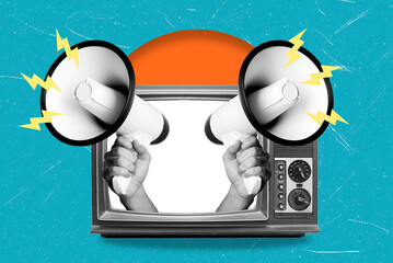 Modern art collage depicting a TV and arms sticking out with megaphones