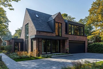 Modern brick house with slate roof and landscaped garden displaying contemporary architecture
