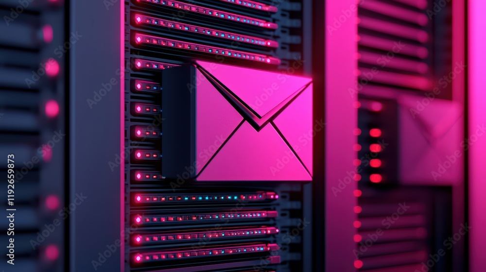 Poster digital envelope symbol against futuristic data server background