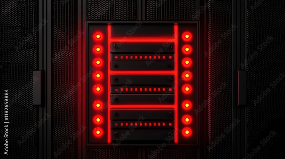 Poster illuminated server rack with red led indicators and dark background