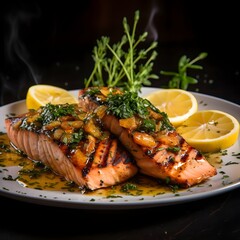 Beautifully plated grilled salmon fillet served with fresh lemon slices and fragrant herbs showcasing an exquisite fine dining culinary presentation