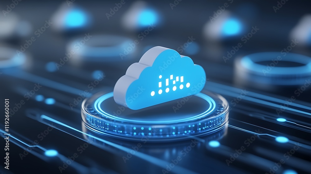 Poster modern cloud computing concept with blue cloud symbol and digital circuit background