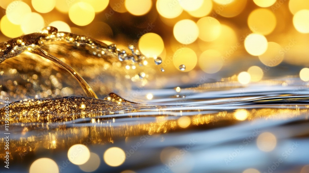 Poster golden bokeh lights reflect on a tranquil water surface, creating a captivating and enchanting atmos