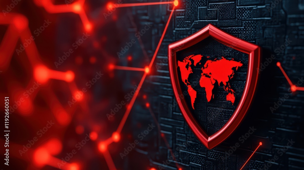 Poster shield with world map on dark background representing cybersecurity
