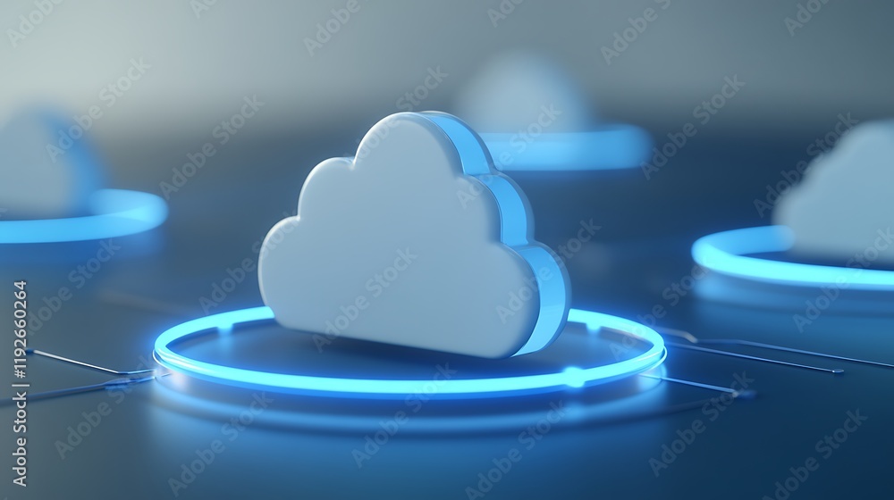 Poster modern cloud computing concept with blue neon glow and digital elements in a futuristic setting