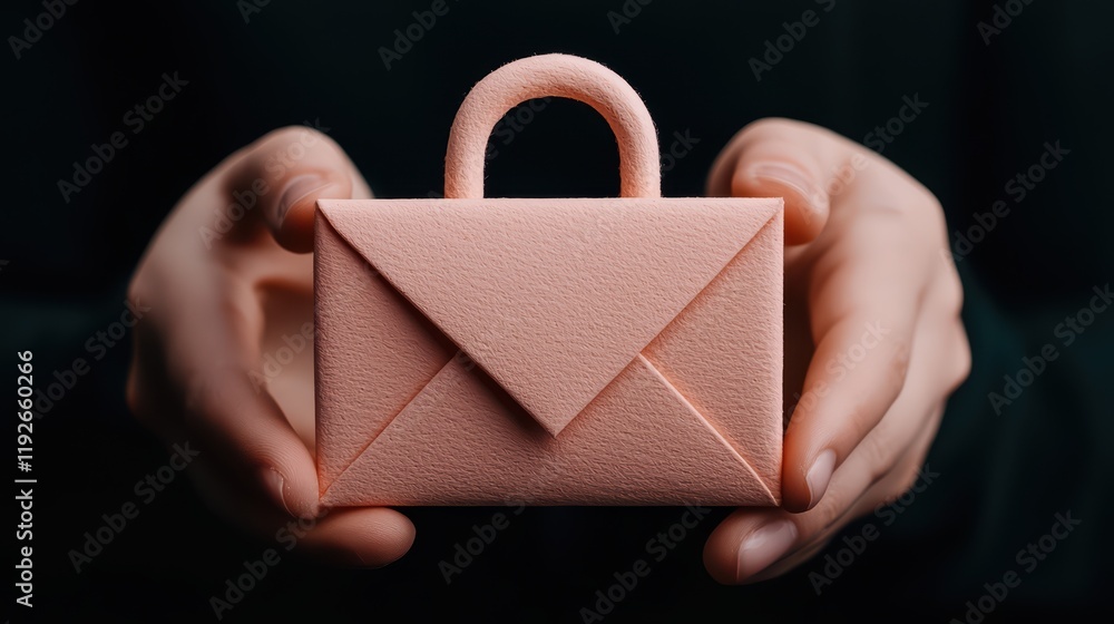 Aufkleber hands holding a soft pink envelope with a lock in dark background