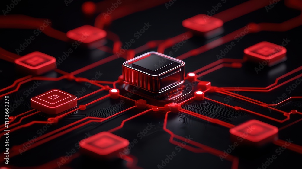 Poster high-tech circuit board with red accents and central processor