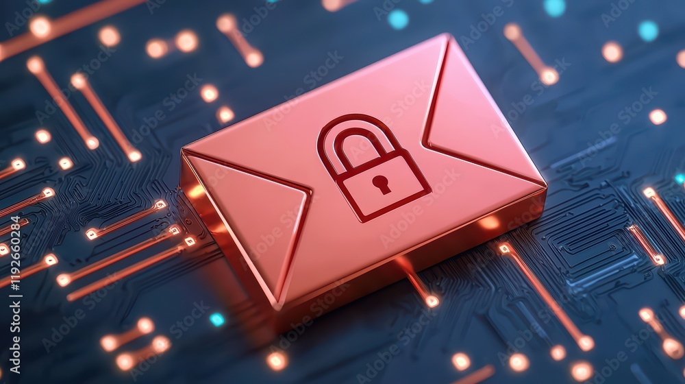 Poster digital envelope with lock symbol on circuit background