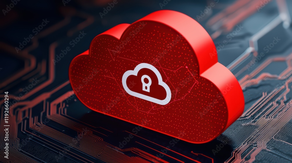 Poster red cloud icon with lock on circuit background for security concept