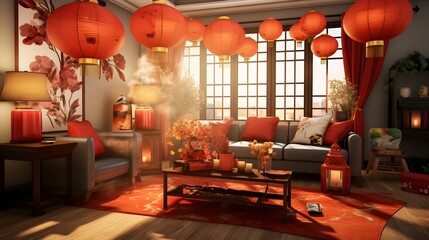 Vibrant and Festive Chinese New Year Themed Living Room Decor with Hanging Banners Lanterns and Traditional Decorative Elements for a Cozy and Auspicious