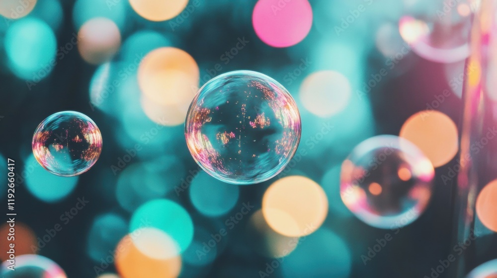 Aufkleber floating bubbles capture light and color in a stunning display on a dark background, showcasing the 