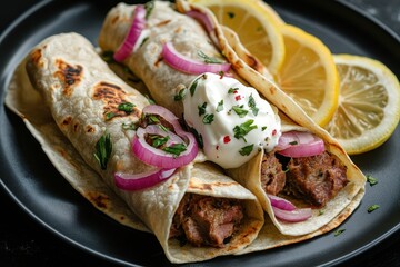 Delicious grilled beef tacos, red onions, sour cream, lemon wedges, dark background, food photography