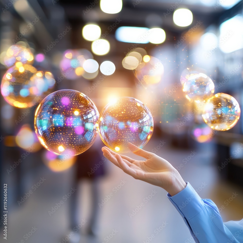 Poster a hand reaches for colorful bubbles in a softly lit environment, creating a whimsical and dreamy atm