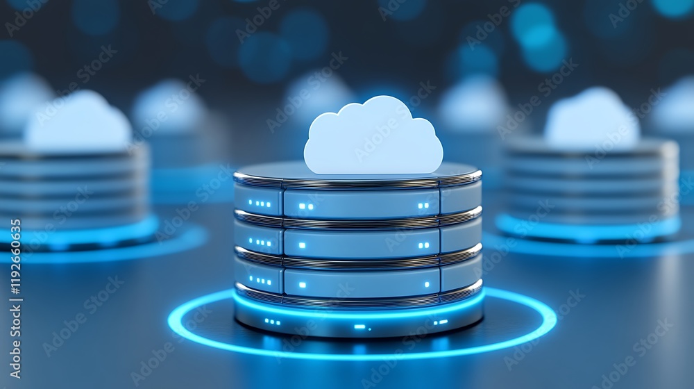 Poster modern cloud computing concept with data storage servers and cloud symbol in futuristic digital spac