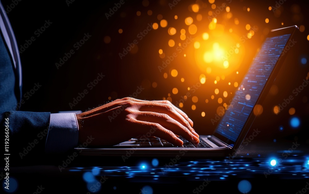 Poster tech professional using a laptop in a glowing server room, with abstract blue data flows emphasizing
