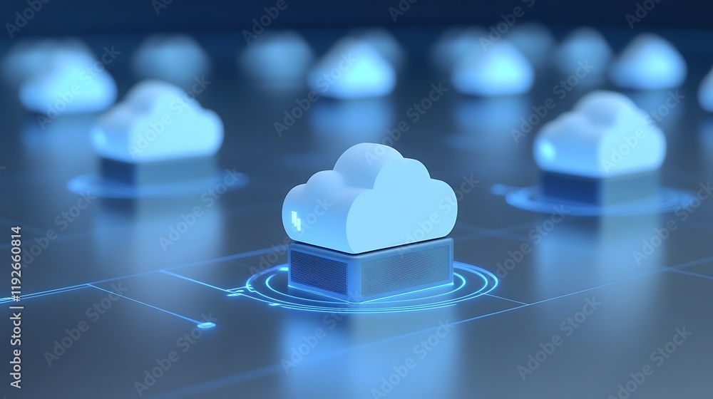 Poster modern cloud computing concept with digital clouds and technology interface on a futuristic backgrou