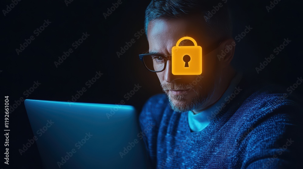 Poster man using laptop with cybersecurity concept and lock symbol overlay