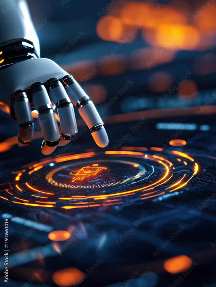 Poster a futuristic robotic hand interacts with a glowing digital interface, showcasing advanced technology