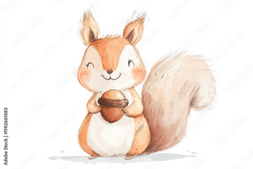 Poster Charming illustration of a happy squirrel holding an acorn in a whimsical forest setting during a sunny day. Generative AI
