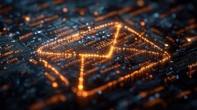 Digital email symbol on a circuit board background.