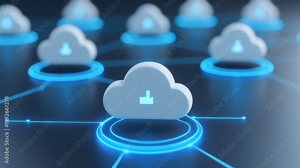 Poster modern cloud computing concept with digital network and cloud symbols connected by neon circles