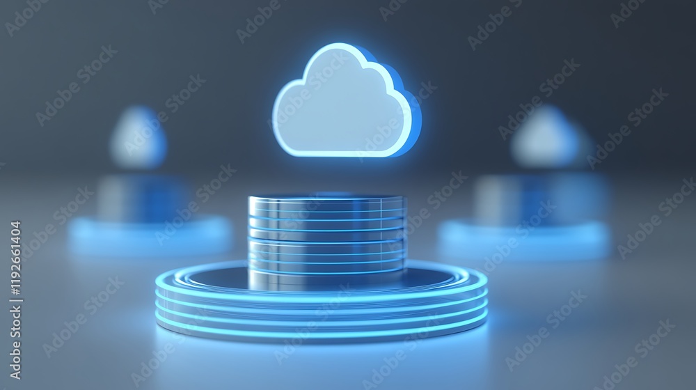 Poster modern cloud computing concept with digital storage and neon blue circular elements
