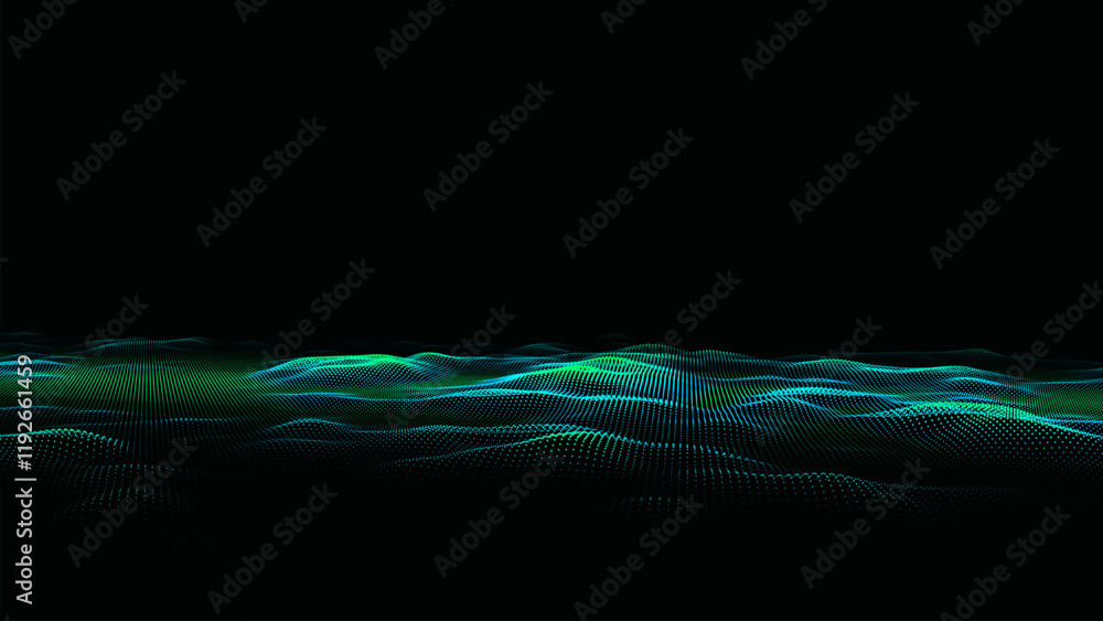 Poster vector digital technology wave. dark cyberspace with colors motion dots and lines. futuristic digita