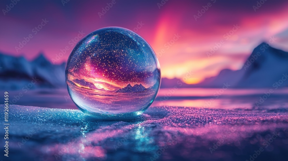 Wall mural Crystal ball reflects snowy sunset landscape.