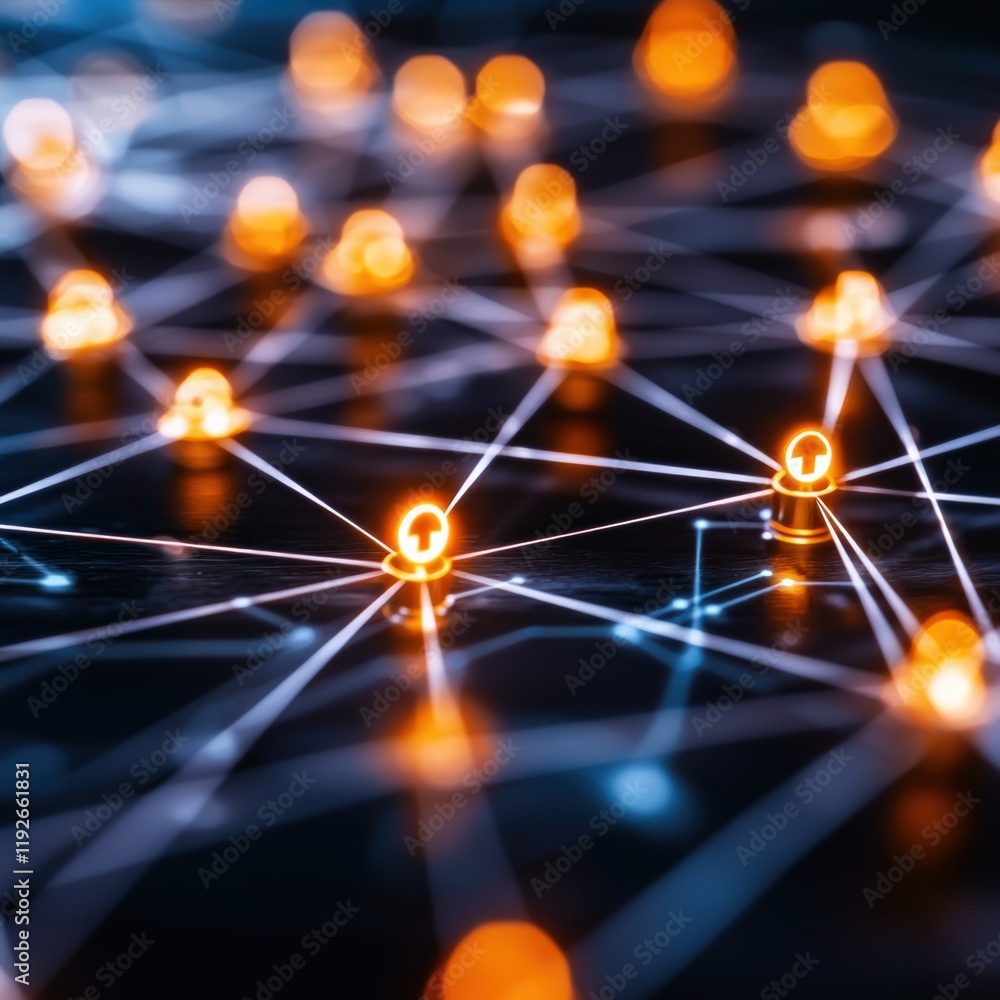 Poster a vibrant digital network with glowing nodes interconnected by lines, representing technology, commu