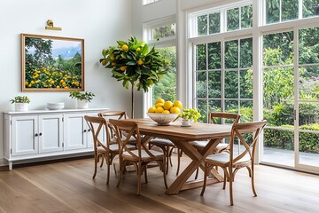 Obraz premium Bright dining room with fresh lemons modern home interior design natural light aesthetic appeal