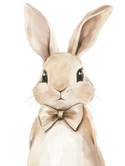 Fototapeta premium Cute illustrated rabbit wearing a bow tie, showcasing its soft fur and expressive eyes, ideal for childrens artwork and decor. Generative AI