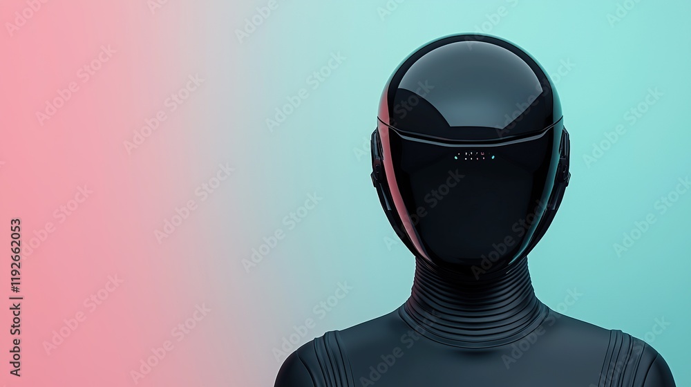 Poster safety, security concept a futuristic humanoid robot with a sleek black design stands against a grad