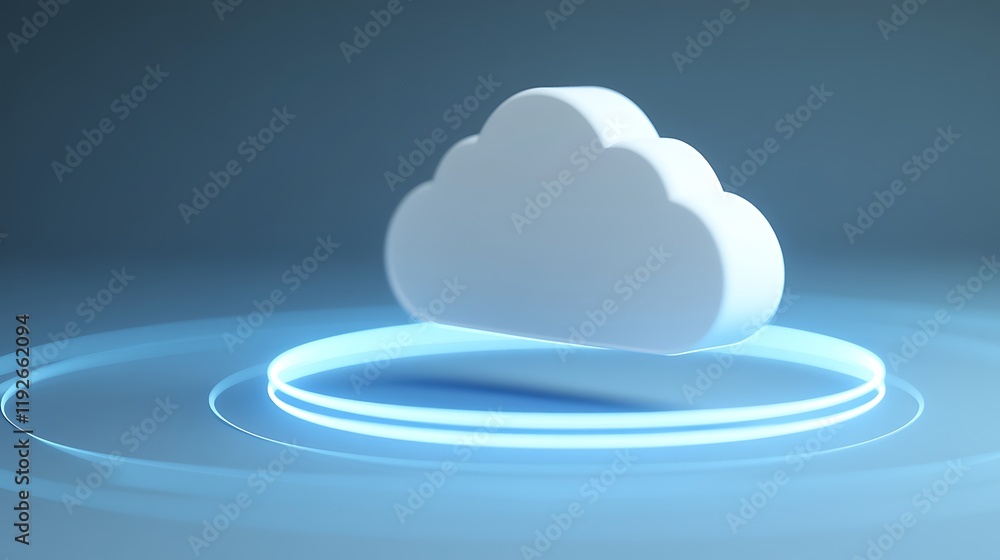 Poster modern cloud computing concept with minimalistic 3d cloud icon surrounded by glowing circles