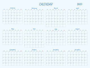 Monthly calendar template 2025. Modern calendar, organizer, planner with fields for notes, vector background for posters, calendars, greetings. Vector illustration