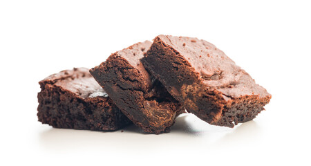 Homemade chocolate brownies isolated on white background.