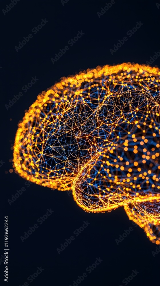 Poster a vibrant, stylized representation of a brain made of interconnected lines and glowing dots, symboli