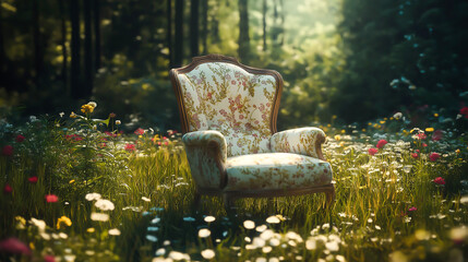 A whimsical vintage chair in an enchanting wild flowers meadow, Fairy tale forest