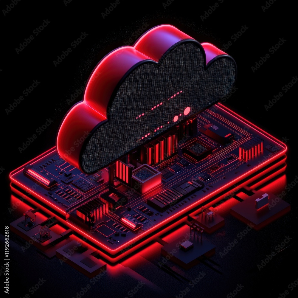 Poster a digital illustration of a glowing cloud over a circuit board, symbolizing cloud computing and tech