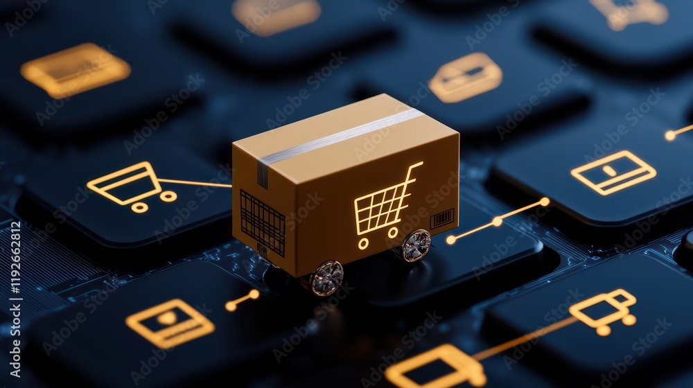 Poster small delivery box on keyboard with shopping icons and graphics