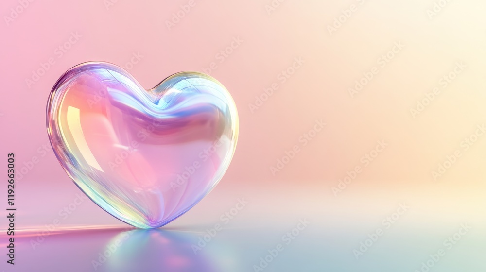 Poster iridescent heart ornament against soft pastel gradient in minimalistic setting
