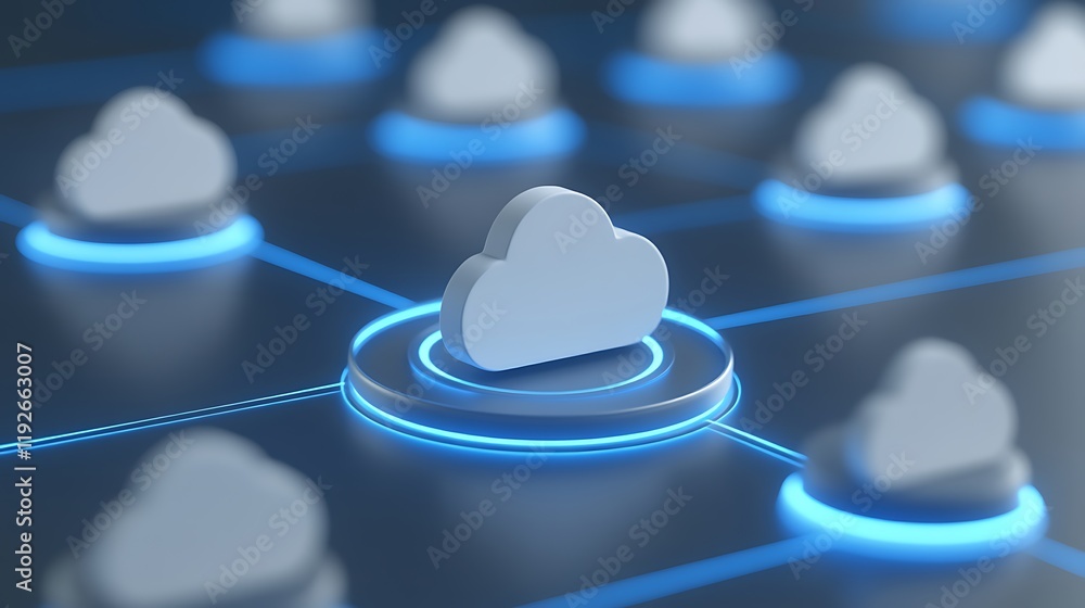 Poster modern cloud computing network concept with central cloud icon surrounded by digital connections