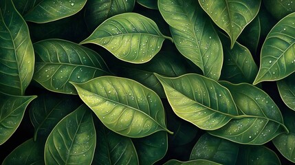A close-up image of lush green leaves glistening with morning dew, highlighting the intricate vein patterns and natural textures, while the background is artistically blurred to draw attention 