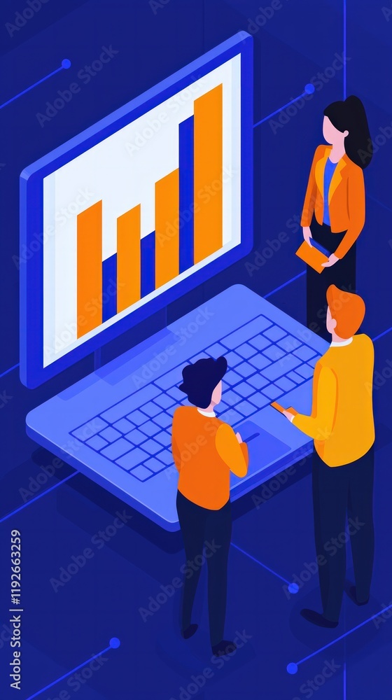 Poster a digital illustration of three professionals analyzing a bar graph on a laptop, showcasing teamwork