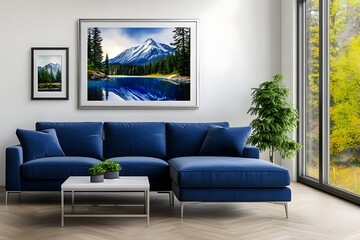 Obraz premium Serene landscape painting in modern living room cozy interior nature art bright atmosphere